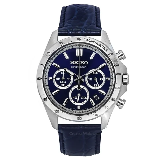 Seiko Spirit Chronograph Leather Strap Blue Dial Quartz SBTR019 100M Men's Watch