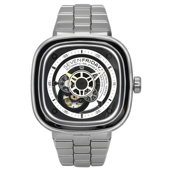 Relógio masculino Sevenfriday P-Series NFC preto e branco com mostrador de coração aberto automático P1B/01M SF-P1B-01M