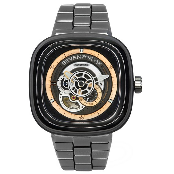 Relógio masculino Sevenfriday P-Series em aço inoxidável com mostrador preto automático P2C/01M SF-P2C-01M