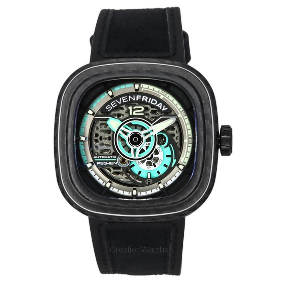 Relógio masculino Sevenfriday P-Series Jade carbono cinza e azul esqueleto automático PS3/01 SF-PS3-01 100M