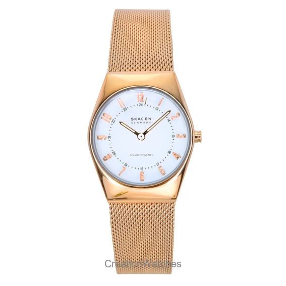 Skagen Grenen Lille Roségoldfarbene Edelstahl-Solaruhr mit weißem Zifferblatt SKW3078 für Damen