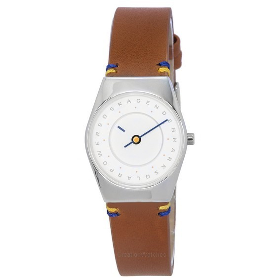 Relógio feminino Skagen Grenen Lille Solar Hola marrom claro pulseira de couro mostrador branco SKW3086
