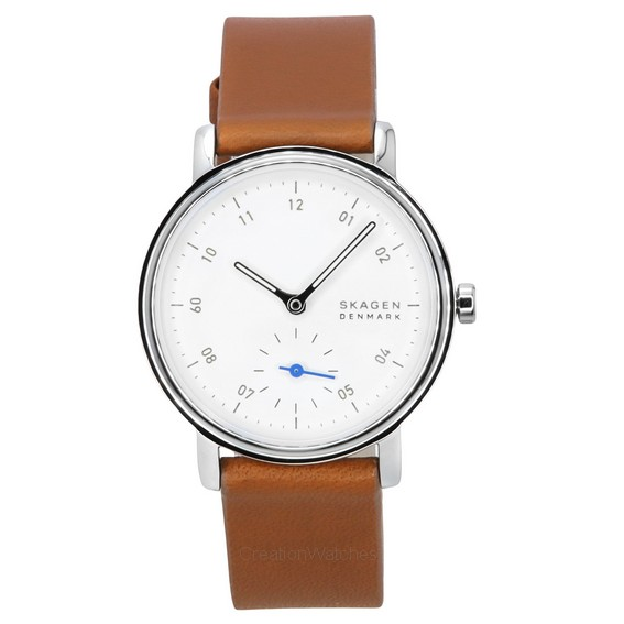 Skagen Kuppel 裡爾棕色皮革錶帶白色錶盤石英 SKW3103 婦女手錶 zh-CHS