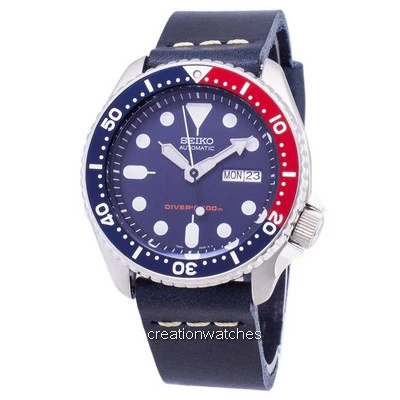 Seiko Automatic SKX009K1-var-LS15 Diver's 200M Dark Blue Leather Strap Men's Watch