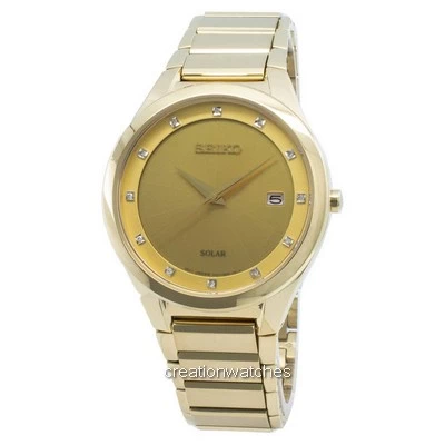 Relógio Masculino Seiko Solar Acentos Diamante Tom Dourado Aço Inoxidável SNE384 SNE384P9 SNE384P