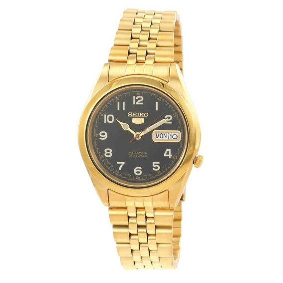 Seiko 5 pulseira jubileu em tom dourado mostrador preto 21 joias relógio masculino automático SNKC20J1