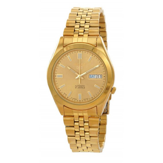 Relógio masculino Seiko 5 tom dourado em aço inoxidável com mostrador dourado automático 21 joias SNKF90J1