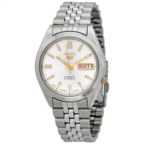 Seiko 5 Автоматические мужские часы из нержавеющей стали с серебряным циферблатом и 21 драгоценным камнем SNKG39J1