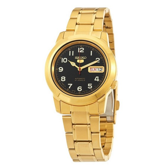 Reloj para hombre Seiko 5 de acero inoxidable en tono dorado, esfera negra, 21 joyas, automático SNKK40J1