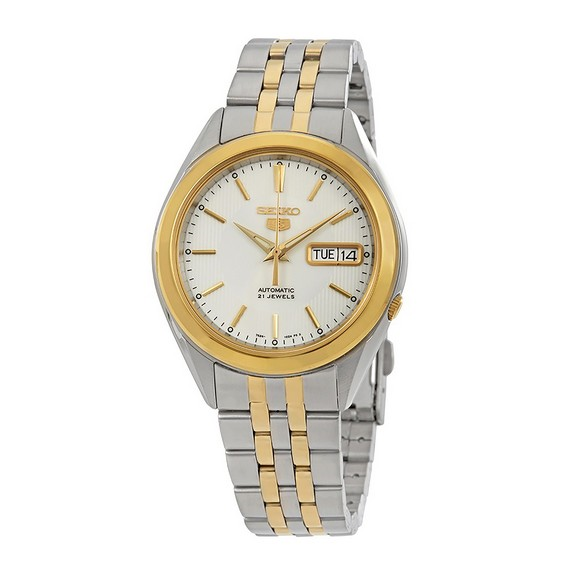 Dwukolorowy zegarek męski Seiko 5 ze stali nierdzewnej z białą tarczą i 21 klejnotami Automatyczny zegarek męski SNKL24K1