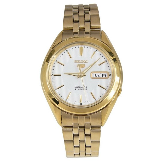 Relógio masculino Seiko 5 tom dourado aço inoxidável mostrador branco 21 joias automático SNKL26K1