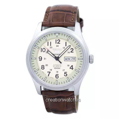 Seiko 5 Sports Military Automatic Japan Made Brown Leather SNZG07J1-var-LS7 100M Men's Watch