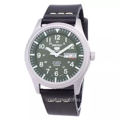 精工5體育SNZG09K1-LS14自動黑色皮革錶帶男士手錶