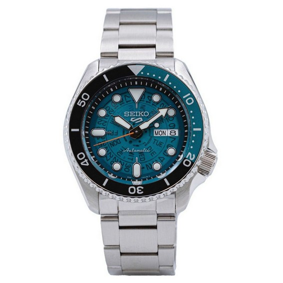 Seiko 5 运动 SKX 风格不锈钢透明青色表盘自动 SRPJ45K1 100M 男士手表