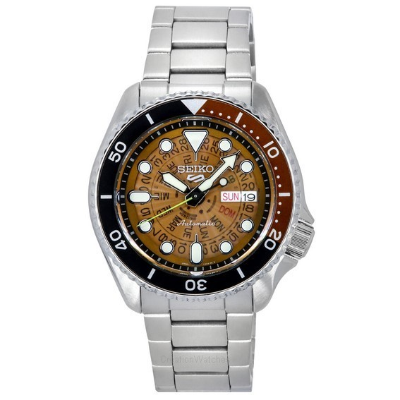 精工 5 運動 SKX 風格不銹鋼透明橙色錶盤自動 SRPJ47K1 100M 男士手錶