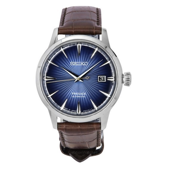 Seiko Presage Cocktail Time pulseira de couro de bezerro mostrador azul automático SRPK15J1 relógio masculino