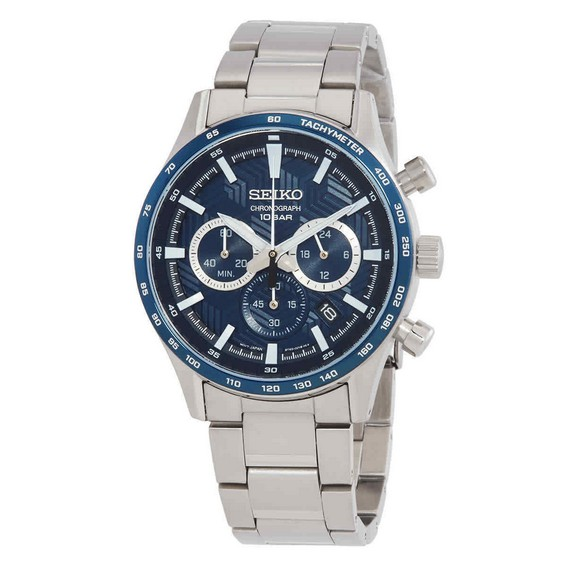 Seiko Sports Chronograph Кварцевые мужские часы из нержавеющей стали с синим циферблатом SSB445P1 100M