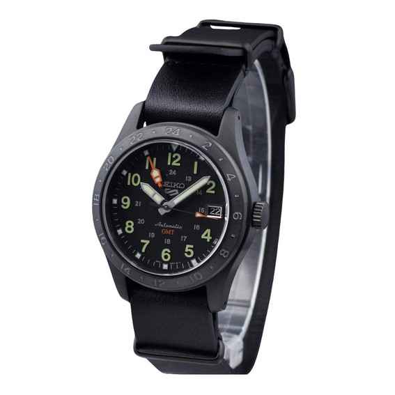 Seiko 5 Sports GMT Field Series pulseira de couro mostrador preto automático SSK025K1 100M relógio masculino