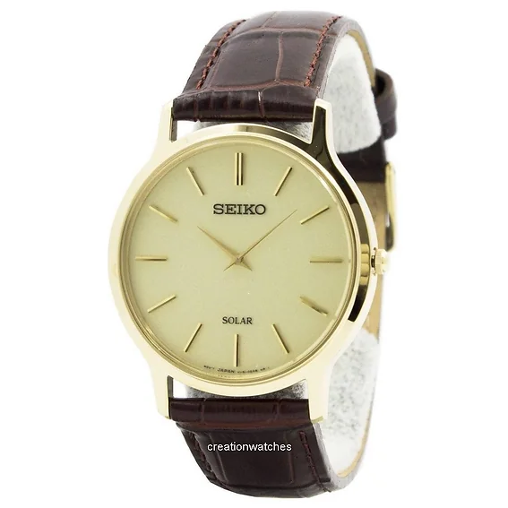 Seiko Solar Gold Tone Leather Strap SUP870 SUP870P1 SUP870P Men's Watch