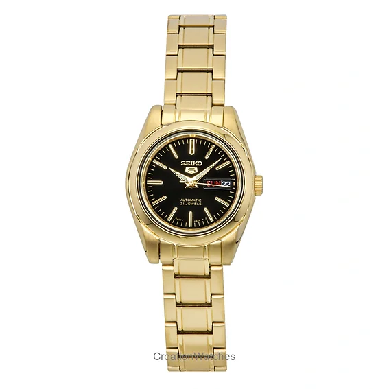 Seiko 5 Gold Tone Stainless Steel Black Dial 21 Jewels Automatic SYMK22K1 Women's Watch