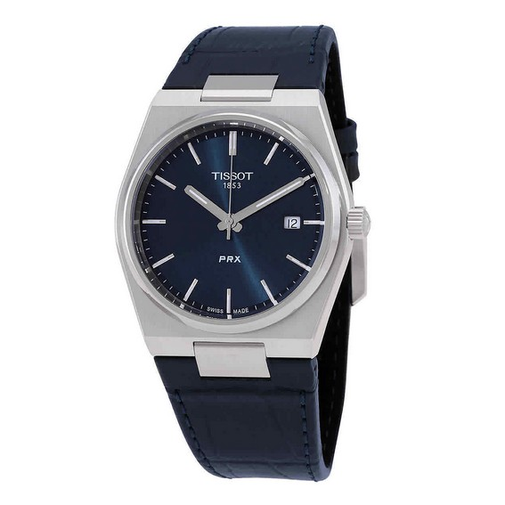 Montre Tissot T-Classic PRX avec bracelet en cuir et cadran bleu à quartz T137.410.16.041.00 100M pour homme