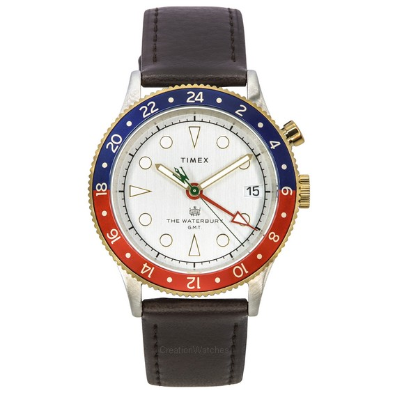 Timex Waterbury Traditional GMT Leather Strap White Dial Quartz TW2U99100 100M นาฬิกาข้อมือผู้ชาย