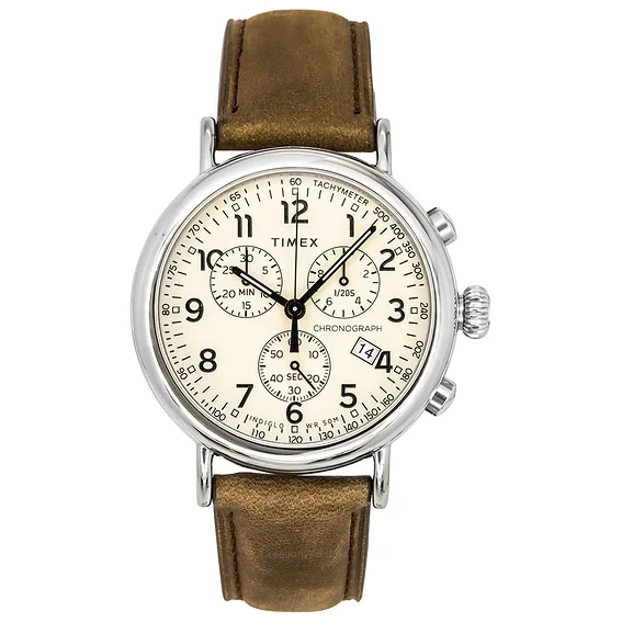 Timex Standard Chronograph Leather Strap Luminous Beige Dial Quartz TW2V27600 Men's Watch