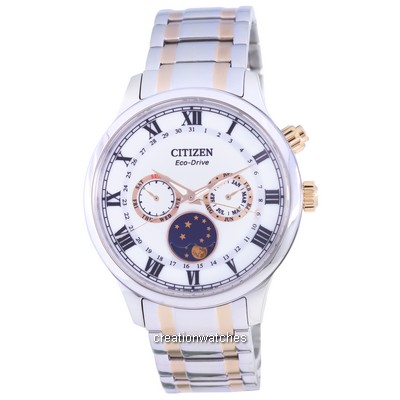 Relógio Citizen Moon Phase Two Tone reformado, aço inoxidável, mostrador prateado, Eco-Drive AP1054-80A, masculino