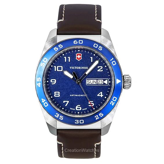 Victorinox Swiss Army Leather Strap Blue Dial Quartz 242040 100M Men's Watch