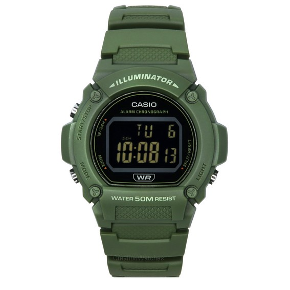 Кварцевые мужские часы Casio Standard Illuminator с цифровым зеленым ремешком из смолы W-219HC-3B