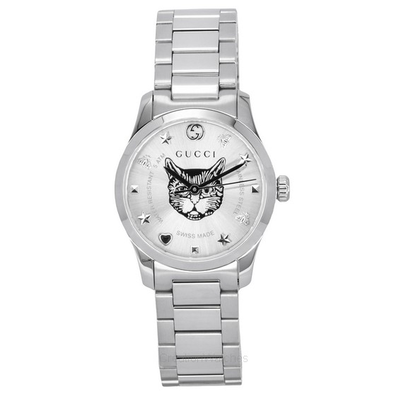 Relógio feminino Gucci G-Timeless em aço inoxidável com mostrador prateado quartzo YA126595
