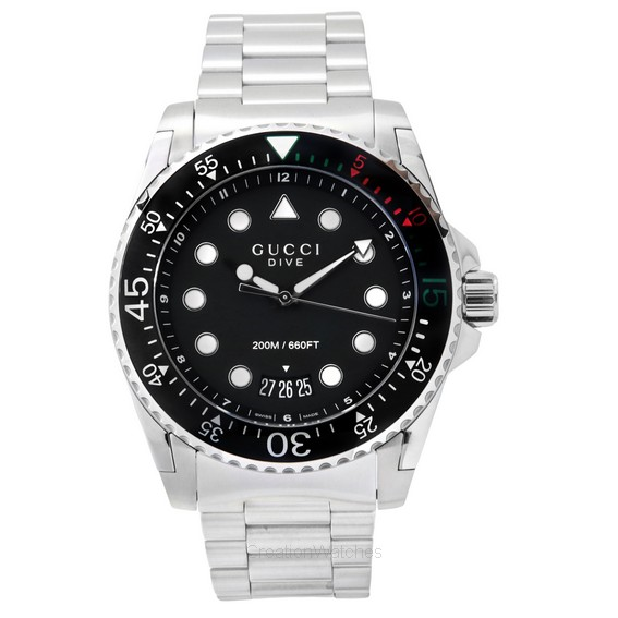 Gucci Dive XL 不鏽鋼黑色錶盤石英潛水員 YA136208A 200M 男士手錶