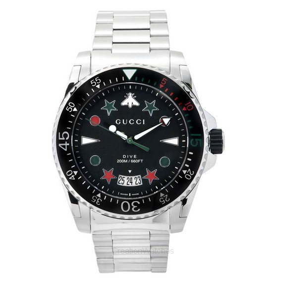 Gucci Dive Кварцевые часы для дайвинга из нержавеющей стали с черным циферблатом YA136221 200M Мужские часы