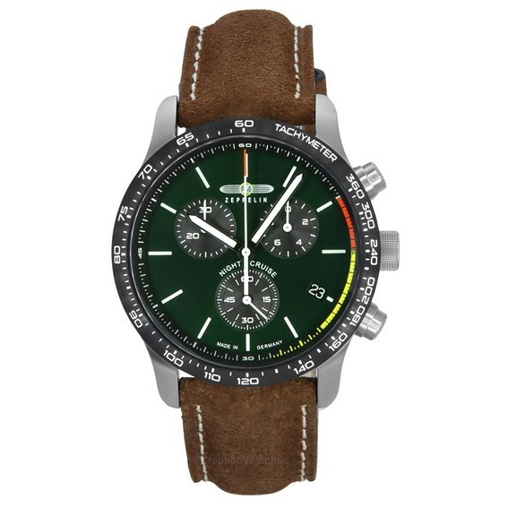 Montre pour homme Zeppelin Night Cruise chronographe bracelet en cuir cadran vert Quartz 72884 100M