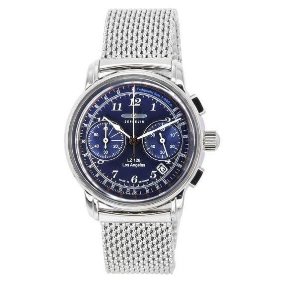 Męski zegarek Zeppelin LZ126 Los Angeles Chronograf ze stali nierdzewnej i niebieską tarczą Kwarcowy 7614M3