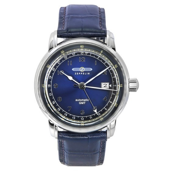 Zeppelin LZ126 Los Angeles GMT pulseira de couro mostrador azul automático 76683 relógio masculino