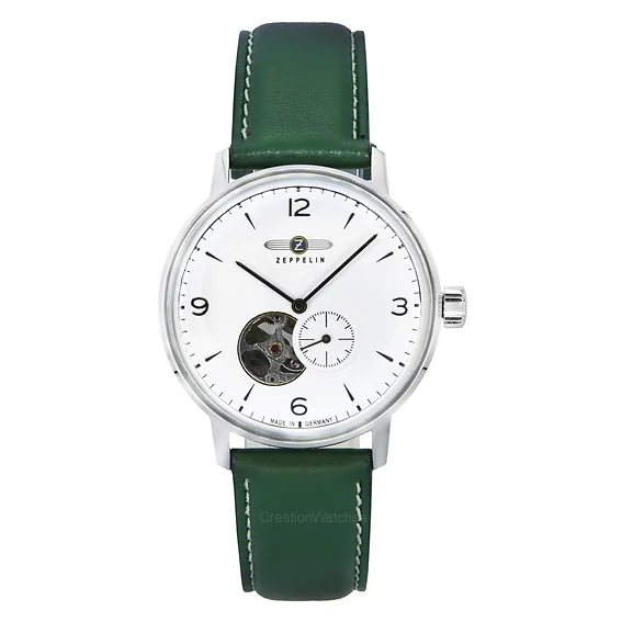 Zeppelin LZ129 Hindenburg Green Leather Strap Open Heart White Dial Automatic 80661N Men's Watch