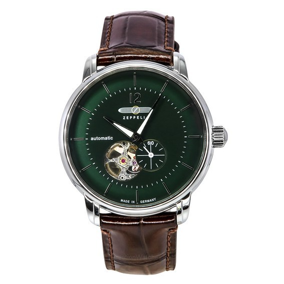 齊柏林飛船 LZ 120 博登湖皮革錶帶敞開式綠色錶盤自動 81664 男裝手錶 zh-CHS