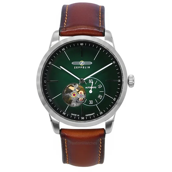 Zeppelin Flatline Leather Strap Green Open Heart Dial Automatic 83644 Men's Watch