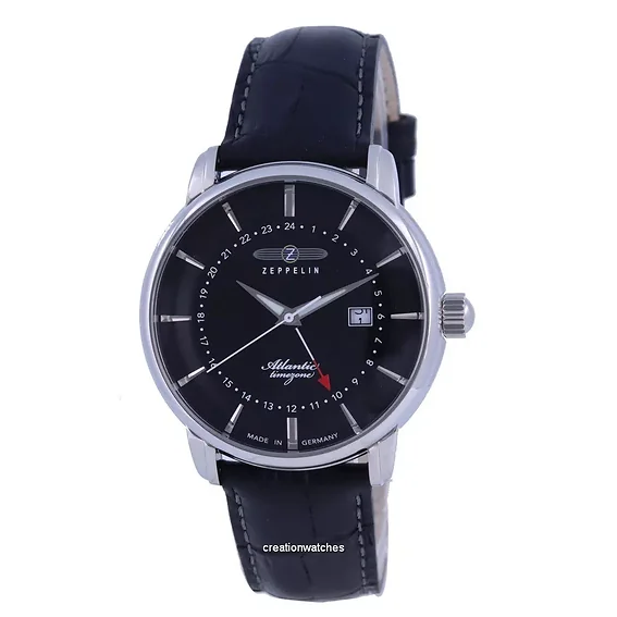 Zeppelin Atlantic Black Dial Leather Strap Quartz 8442-2 84422 Men's Watch