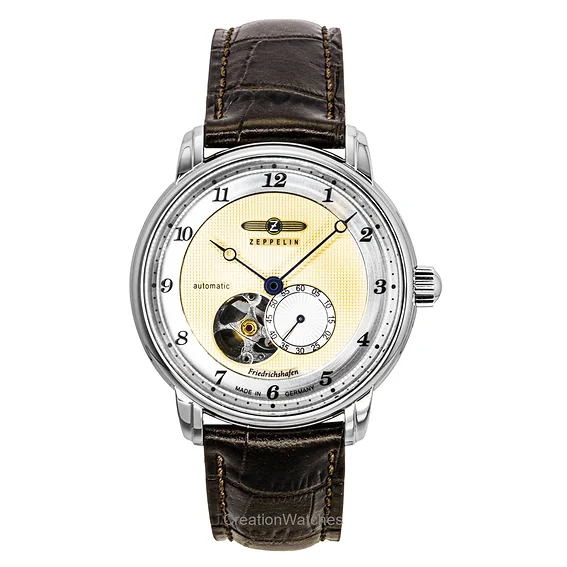 Zeppelin Friedrichshafe Brown Leather Strap Open Heart Gold Dial Automatic 85665 Men's Watch