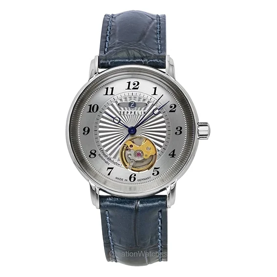 Zeppelin Friedrichshafen Leather Strap Open Heart Silver Dial Automatic 85671 Men's Watch