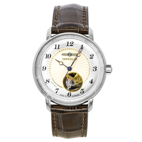 Zeppelin Friedrichshafen Leather Strap Open Heart Gold Dial Automatic 85675 Women's Watch