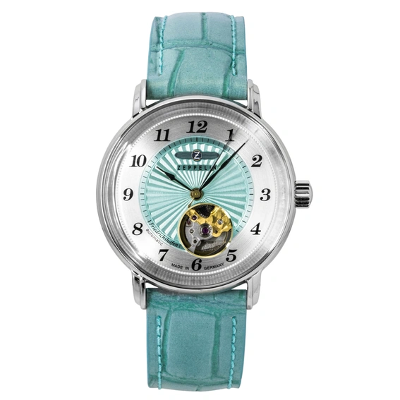 Zeppelin Friedrichshafen Leather Strap Open Heart Turquoise Dial Automatic 85694 Women's Watch
