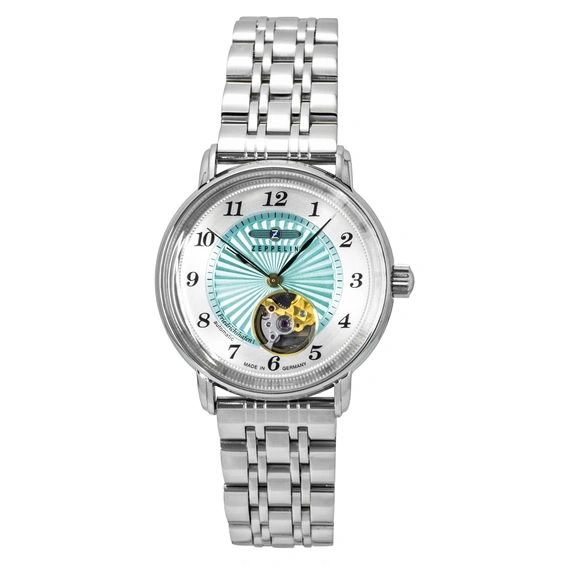Zeppelin Friedrichshafen Stainless Steel Open Heart Turquoise Dial Automatic 8569M4 Women's Watch