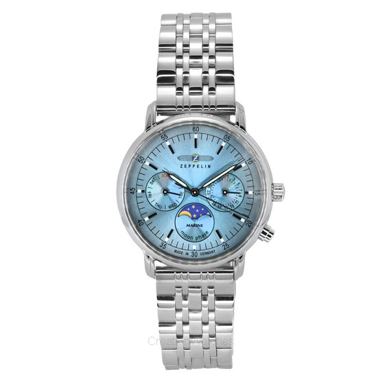 Zeppelin LZ14 Marine Moonphase หน้าปัดสีน้ำเงินน้ำแข็ง สเตนเลสสตีล ควอทซ์ 8637M3 สำหรับผู้หญิง
