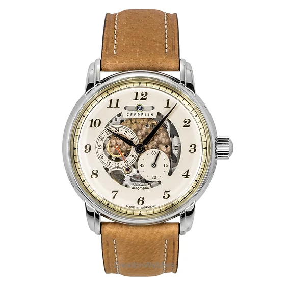 Zeppelin Captain's Line Leather Strap Beige Skeleton Dial Automatic 86585 Men's Watch