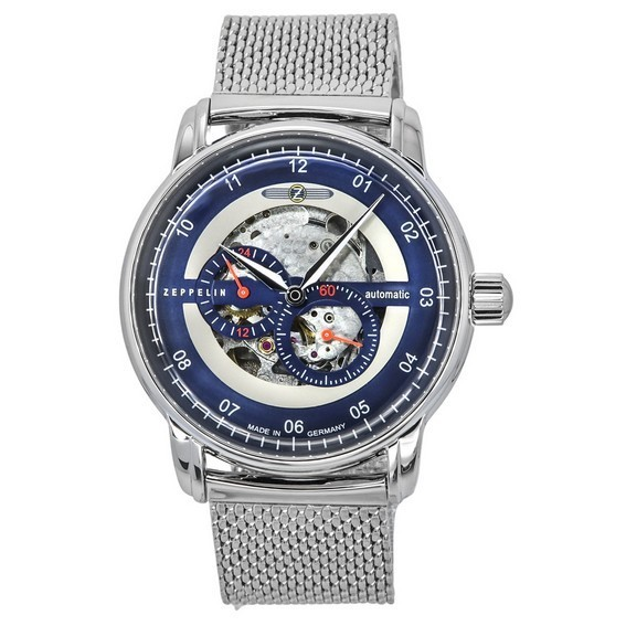 齊柏林新船長線不銹鋼藍色鏤空錶盤自動 8664M3 男士手錶 zh-CHS
