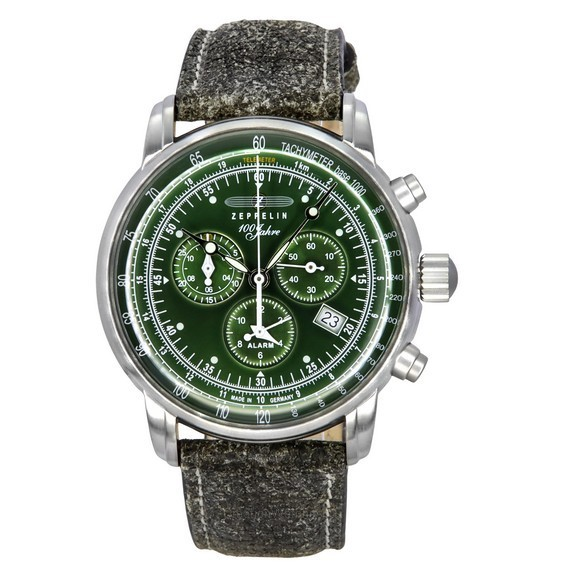 Zeppelin 100 Jahre chronograaf lederen band groene wijzerplaat quartz 86804 herenhorloge