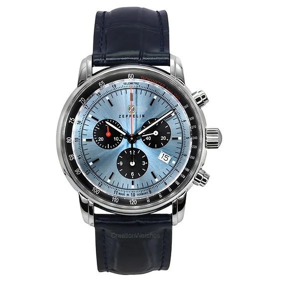 Zeppelin LZ 14 Marine Chronograph Leather Strap Ice Blue Dial Quartz 88862 Men's Watch